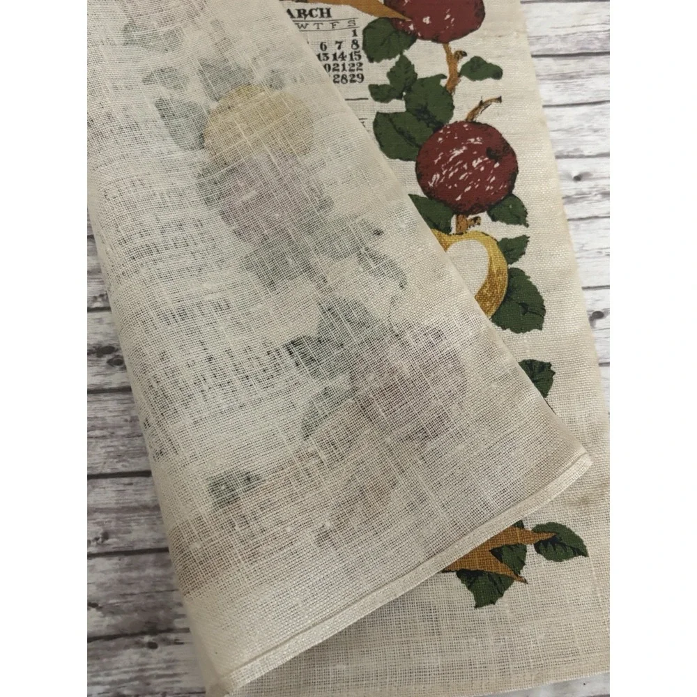 1975 Vintage MCM Linen Calendar Tea Towel Wall Hanging Country Apples Folk Art